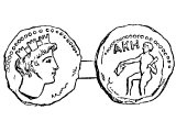 Coin of Acco or Accad or Akko or Ptolemais. Left: turreted head, symbol of the city. Right: AKE, a Greek form of Accho.